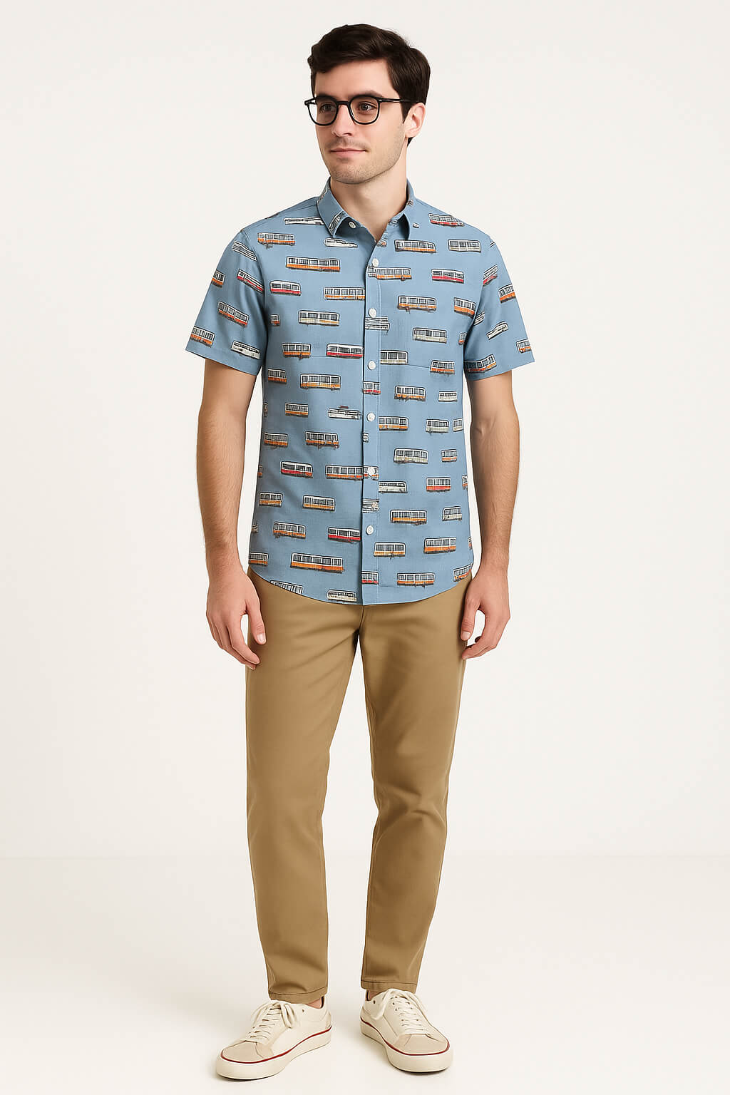 Man wearing light blue button-up short sleeve shirt with fun Boston MBTA vehicle pattern